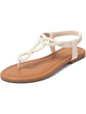 🆕 Women's Off White Braided T-Strap Flat Sandals Summer Boho Beach Shoes